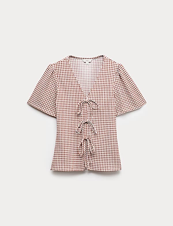 Gingham Textured V-Neck Tie Front Top - MX