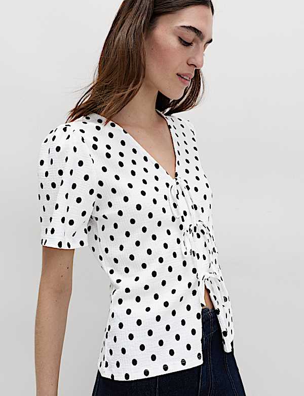 Gingham Textured V-Neck Tie Front Top - US
