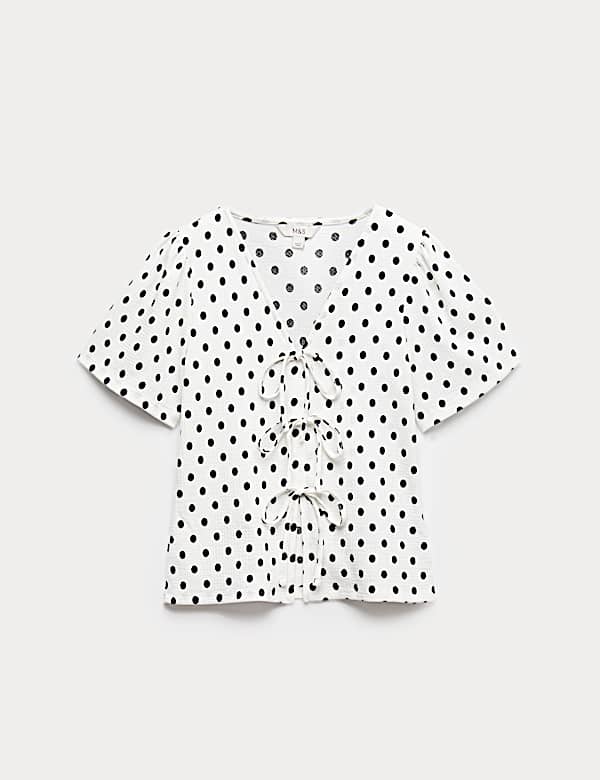 Gingham Textured V-Neck Tie Front Top - LV