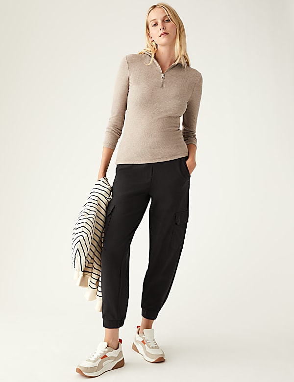 Cotton Rich Ribbed Zip Up Long Sleeve Top