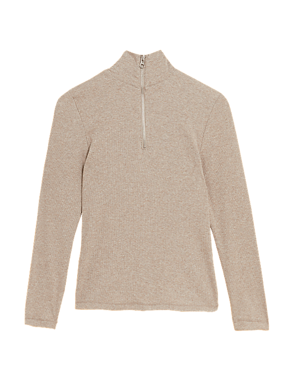 Cotton Rich Ribbed Zip Up Long Sleeve Top