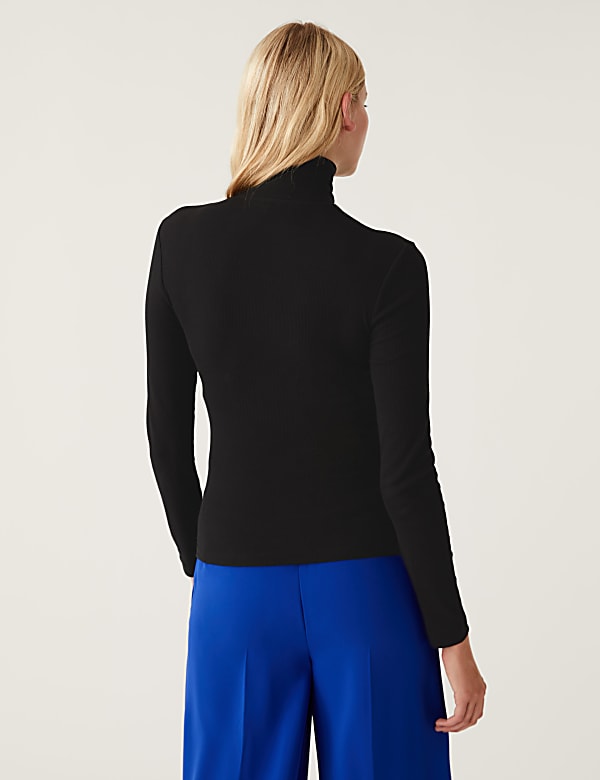 Cotton Rich Ribbed Zip Up Long Sleeve Top