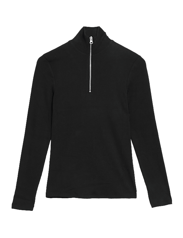 Cotton Rich Ribbed Zip Up Long Sleeve Top