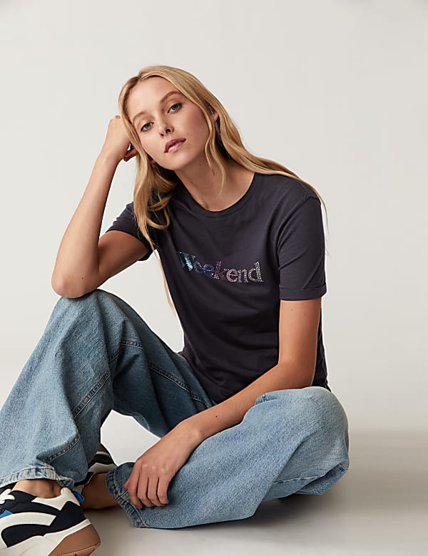 Cotton Rich Embellished Slogan T-Shirt