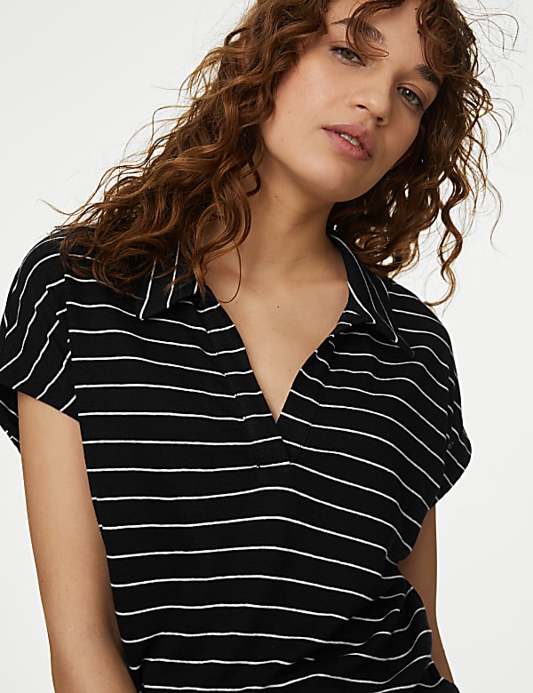Linen Blend Striped Collared Top