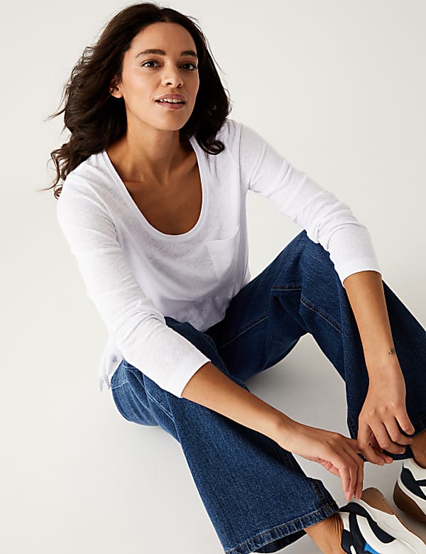 Linen Blend Scoop Neck Top - GR