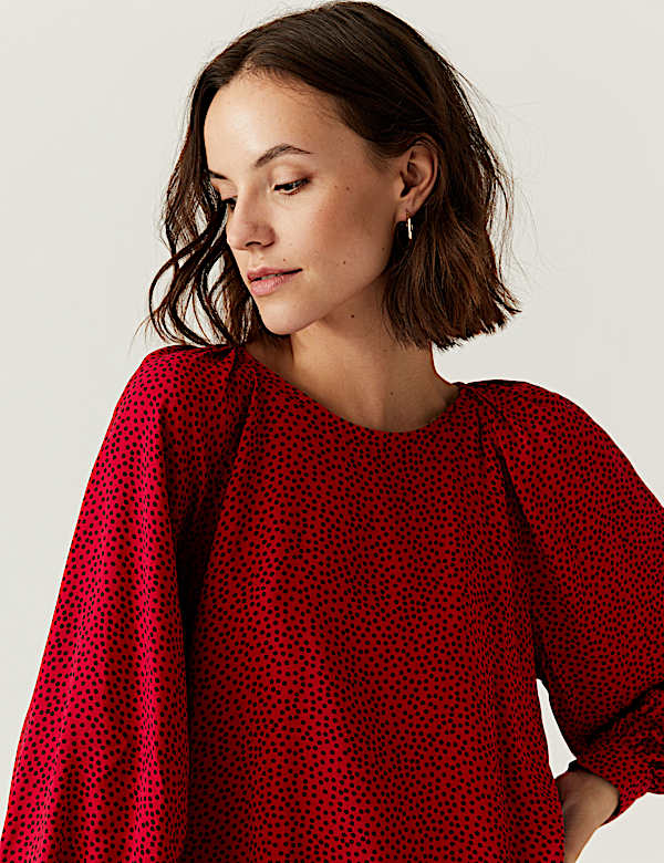 Printed Crew Neck Blouson Sleeve Blouse