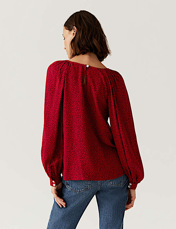 Printed Crew Neck Blouson Sleeve Blouse
