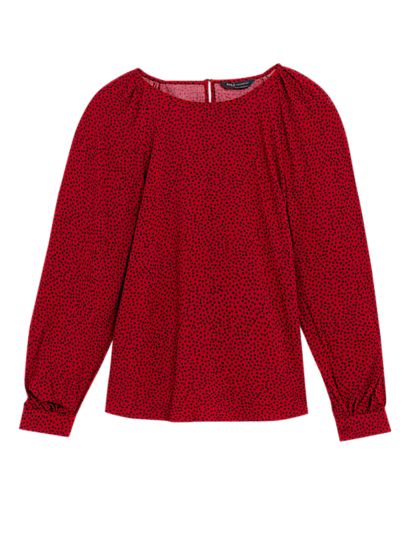 Printed Crew Neck Blouson Sleeve Blouse