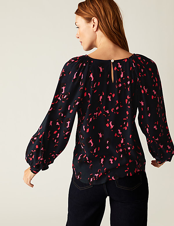 Printed Crew Neck Blouson Sleeve Blouse