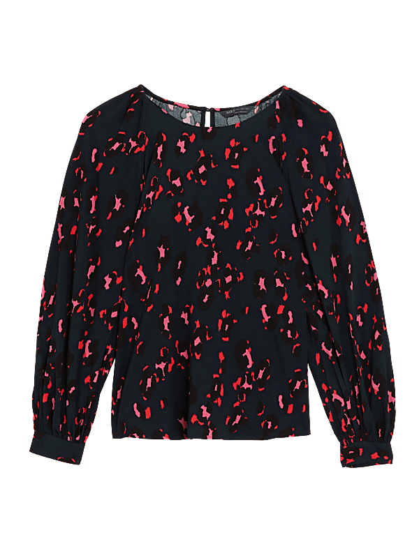 Printed Crew Neck Blouson Sleeve Blouse