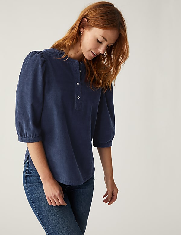 Corduroy Puff Sleeve Popover Blouse