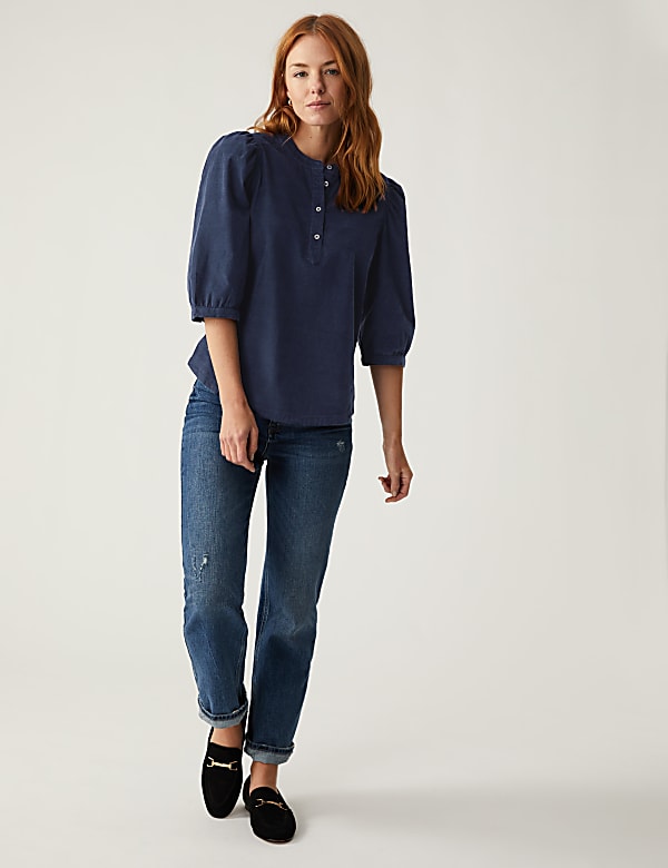 Corduroy Puff Sleeve Popover Blouse