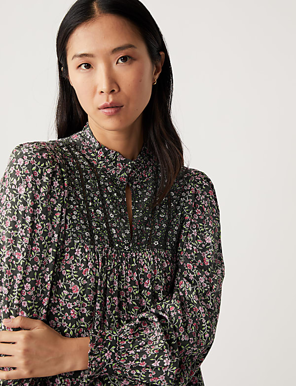 Floral Frill Neck Long Sleeve Blouse
