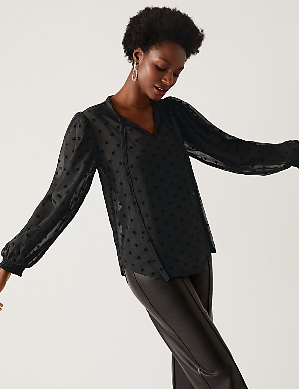 Sheer Textured Star Print Tie Neck Blouse