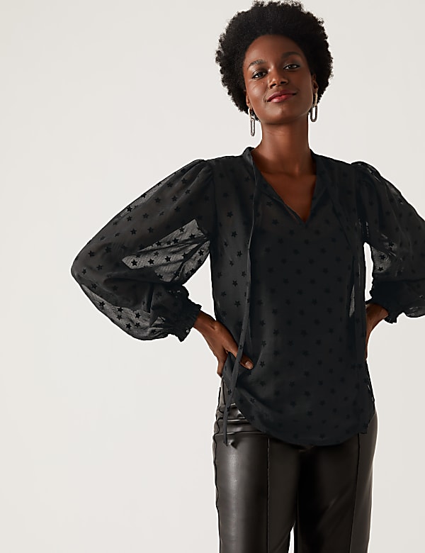 Sheer Textured Star Print Tie Neck Blouse