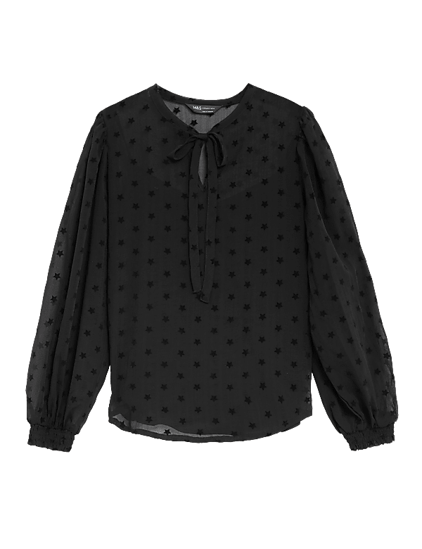 Sheer Textured Star Print Tie Neck Blouse