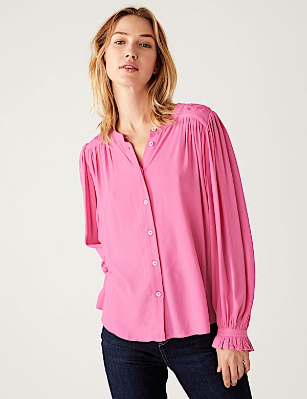 Embroidered Round Neck Frill Detail Blouse - LT