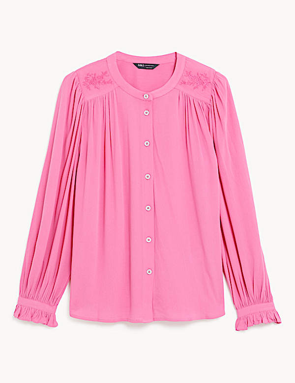 Embroidered Round Neck Frill Detail Blouse - LT