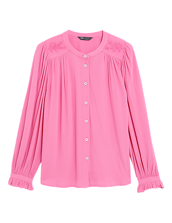 Embroidered Round Neck Frill Detail Blouse
