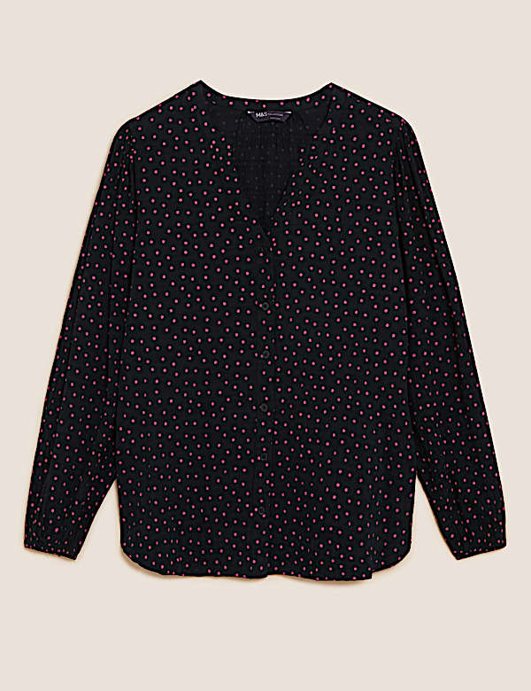 Bequeme Bluse aus Baumwollmischung mit V-Ausschnitt und Muster - AT