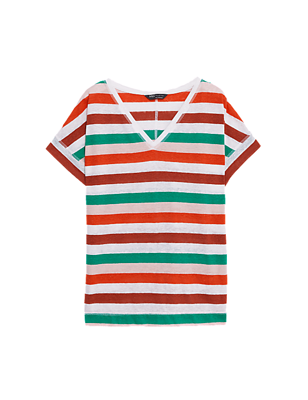 Linen Rich Striped V-Neck T-Shirt