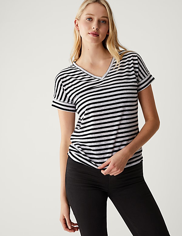 Linen Rich Striped V-Neck T-Shirt