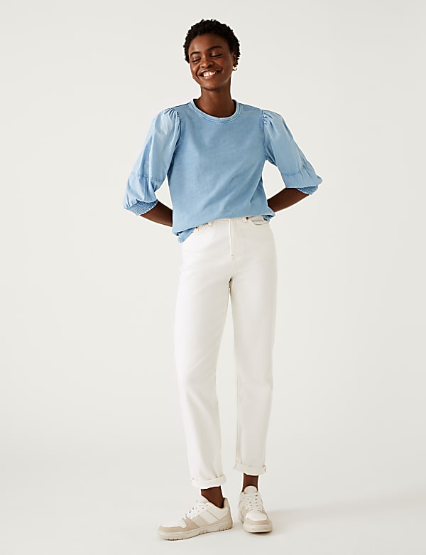 Pure Cotton Crew Neck Volume Sleeve Top