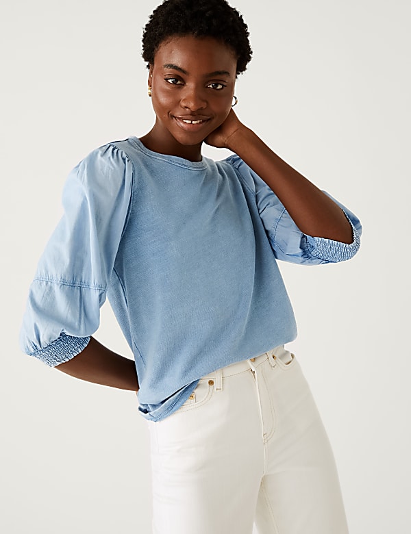 Pure Cotton Crew Neck Volume Sleeve Top