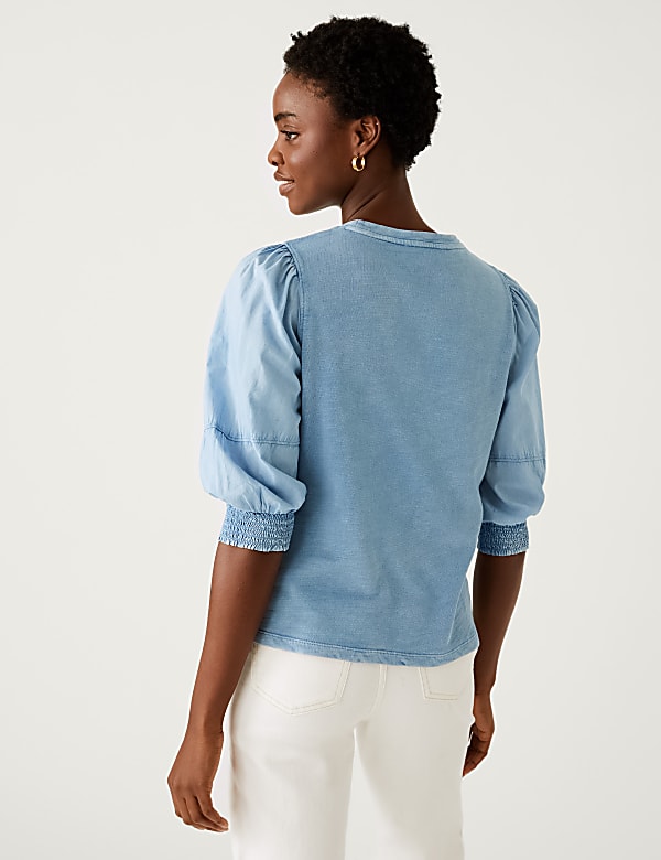Pure Cotton Crew Neck Volume Sleeve Top