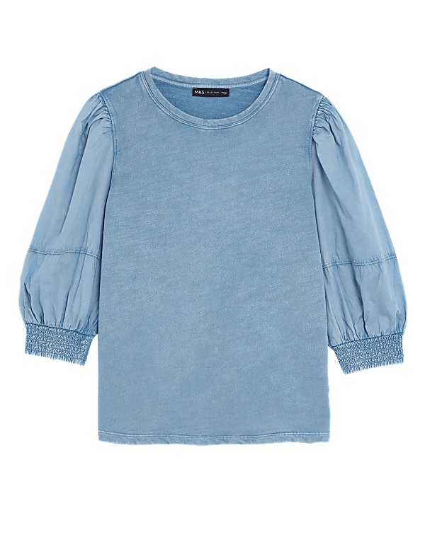 Pure Cotton Crew Neck Volume Sleeve Top