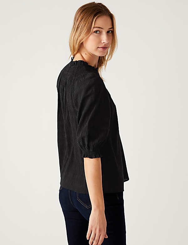 Cotton Blend Shirred Puff Sleeve Blouse