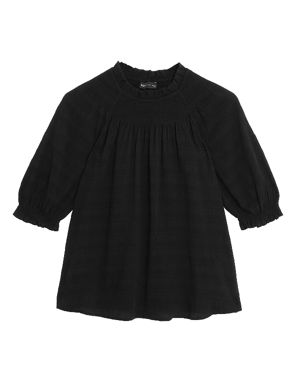 Cotton Blend Shirred Puff Sleeve Blouse