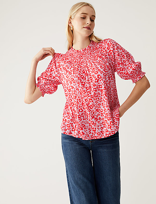 Cotton Blend Printed Shirred Blouse