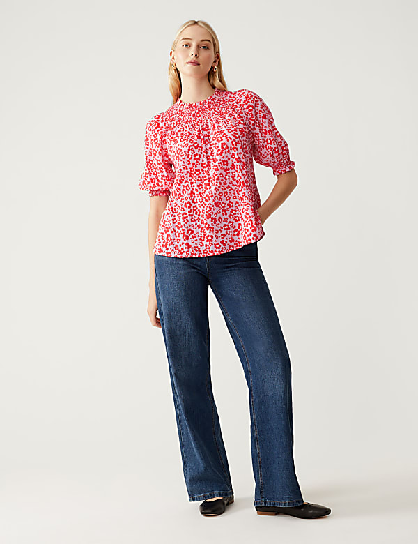 Cotton Blend Printed Shirred Blouse