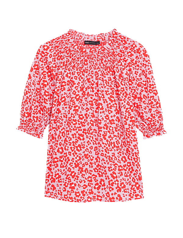 Cotton Blend Printed Shirred Blouse