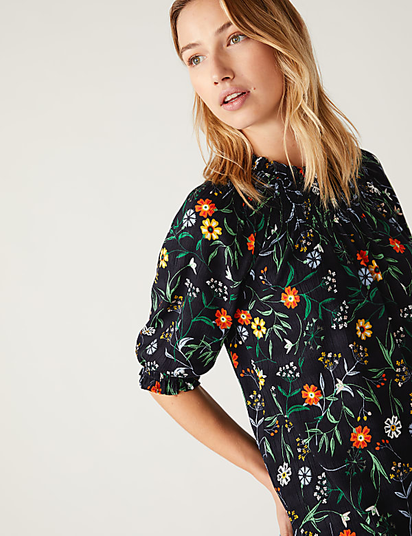 Cotton Blend Printed Shirred Blouse