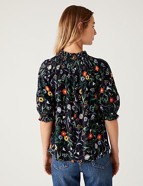 Cotton Blend Printed Shirred Blouse