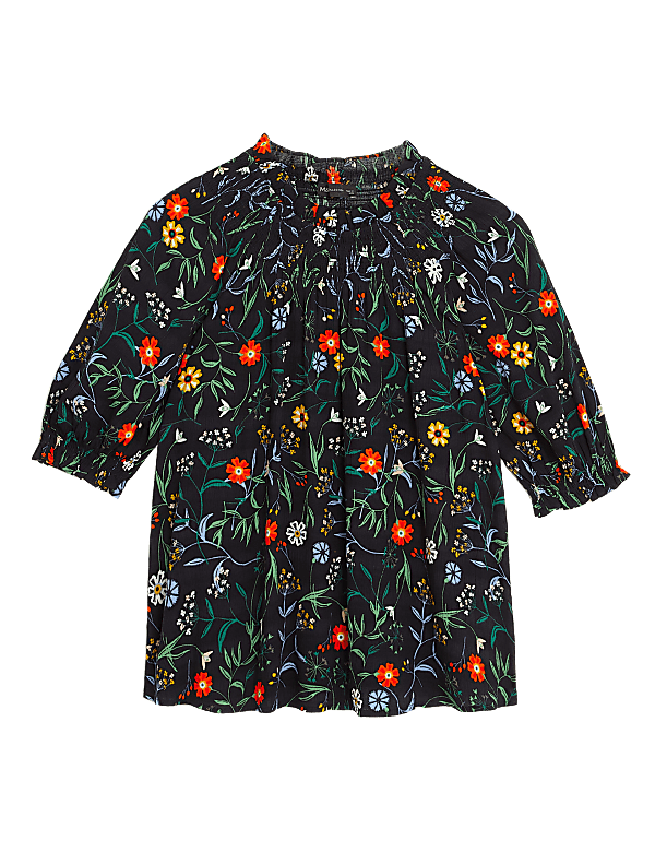 Cotton Blend Printed Shirred Blouse