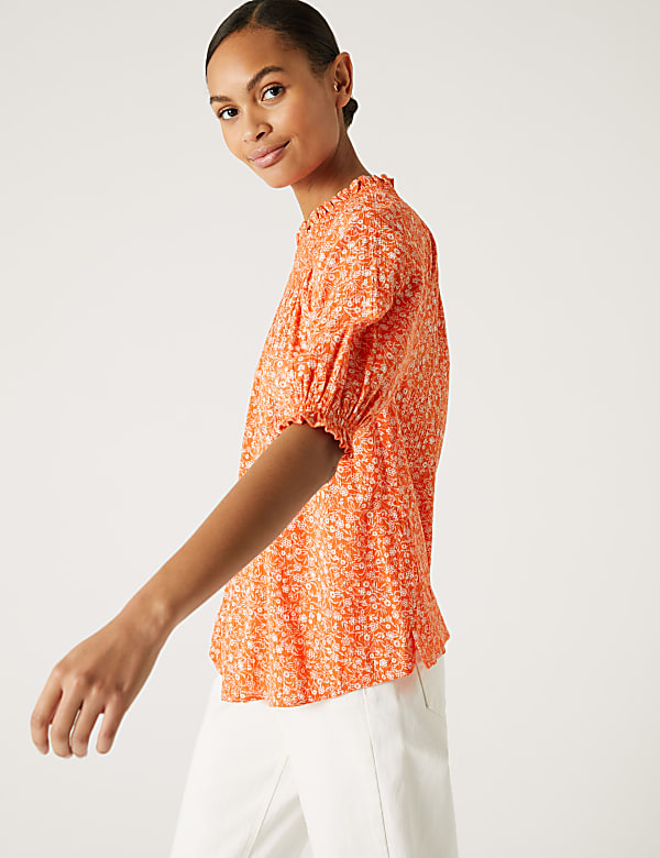 Cotton Blend Printed Shirred Blouse