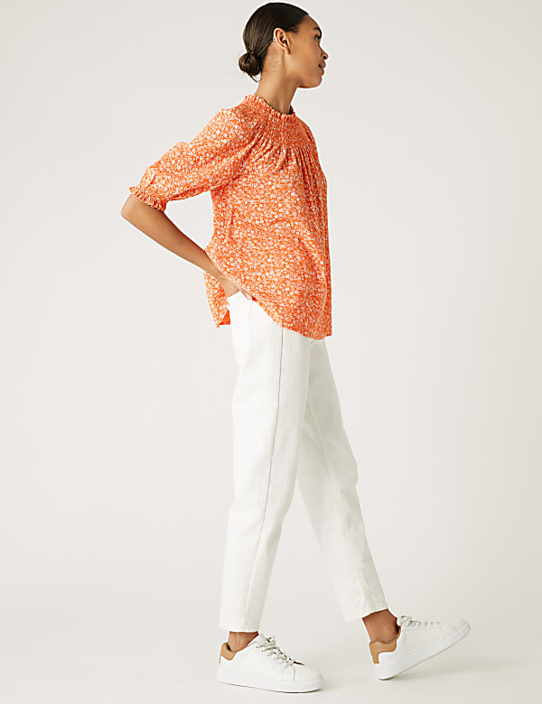 Cotton Blend Printed Shirred Blouse