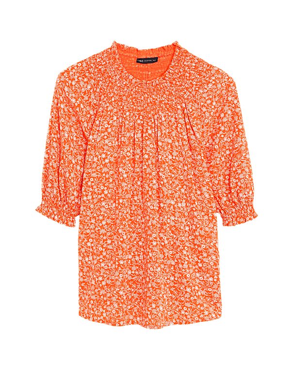 Cotton Blend Printed Shirred Blouse