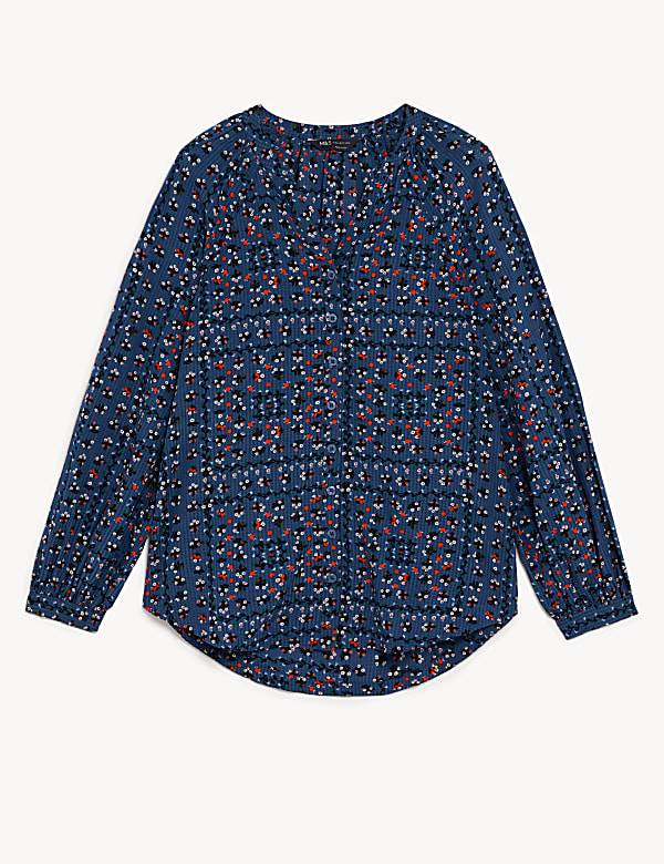 Cotton Rich Printed V-Neck Longline Blouse