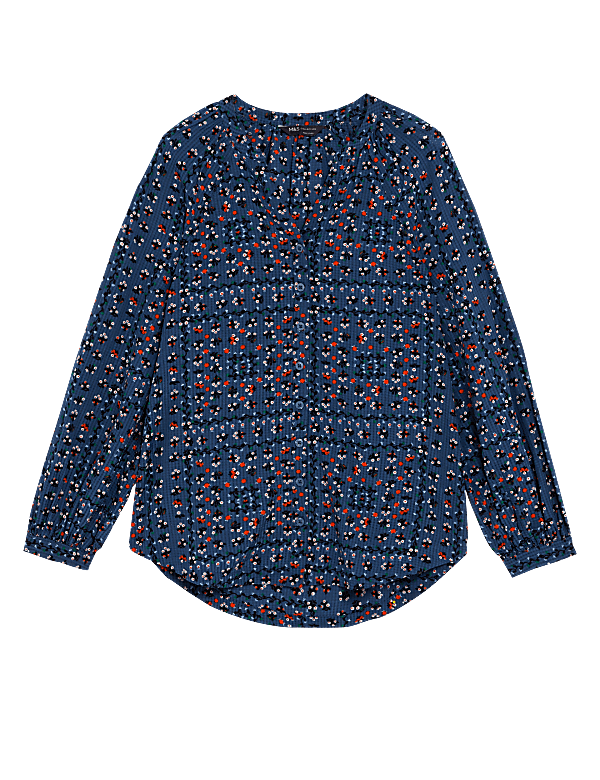 Cotton Rich Printed V-Neck Longline Blouse