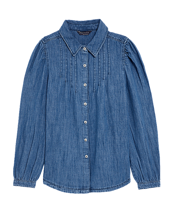 Denim Collared Pintuck Shirt