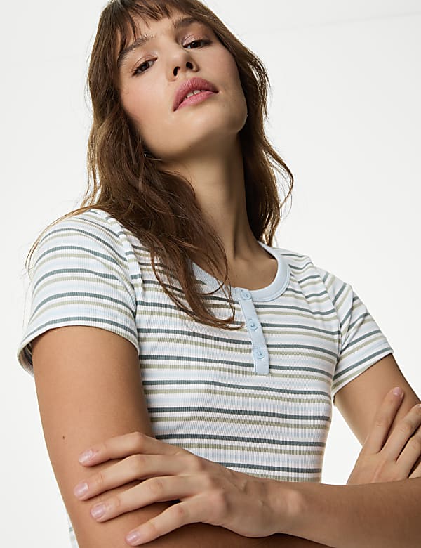 Cotton Rich Ribbed Striped Henley Top
