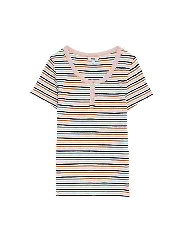 Cotton Rich Ribbed Striped Henley Top