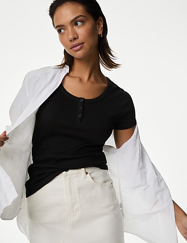 Cotton Rich Short Sleeve Henley Top