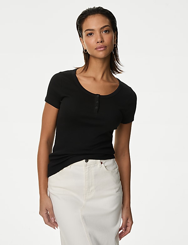 Cotton Rich Short Sleeve Henley Top