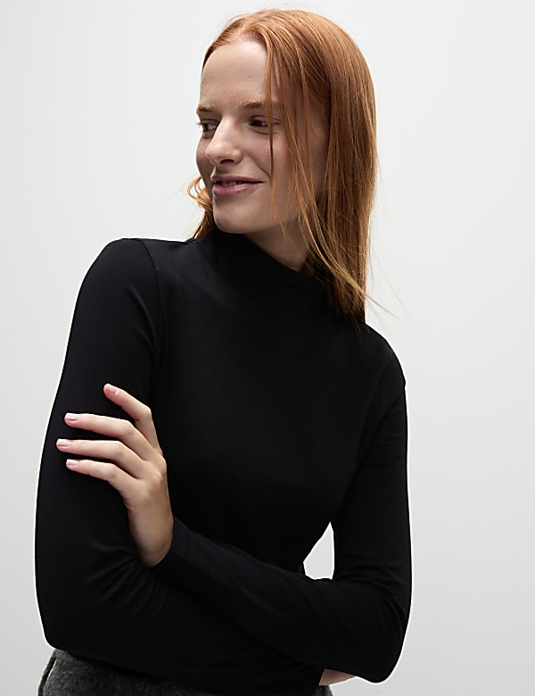 Cotton Rich Funnel Neck Slim Fit Top